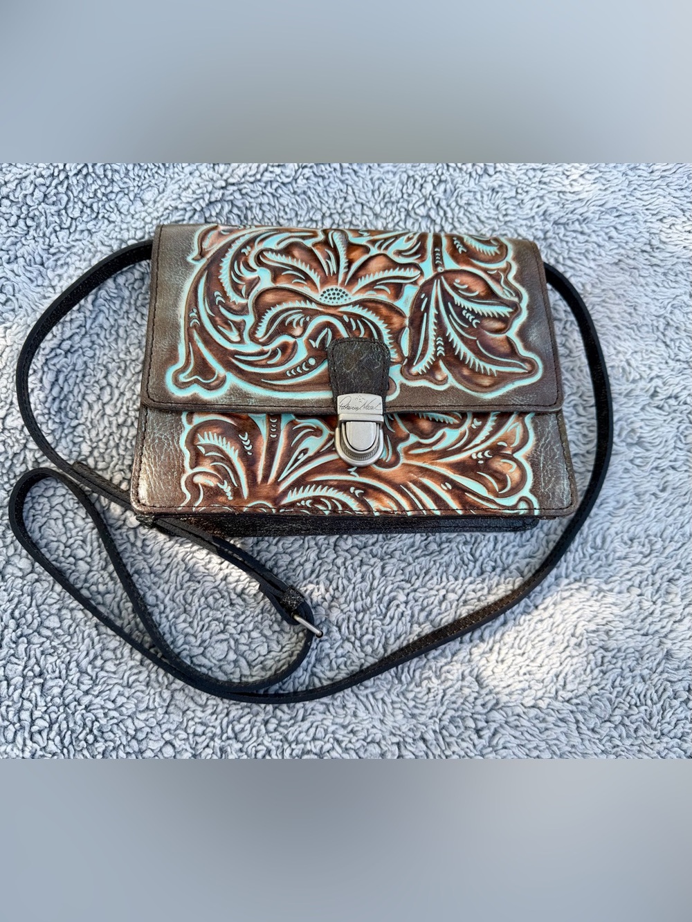 PATRICIA NASH Tooled Turquoise Laurentina Floral Leather Crossbody Bag Purse EUC